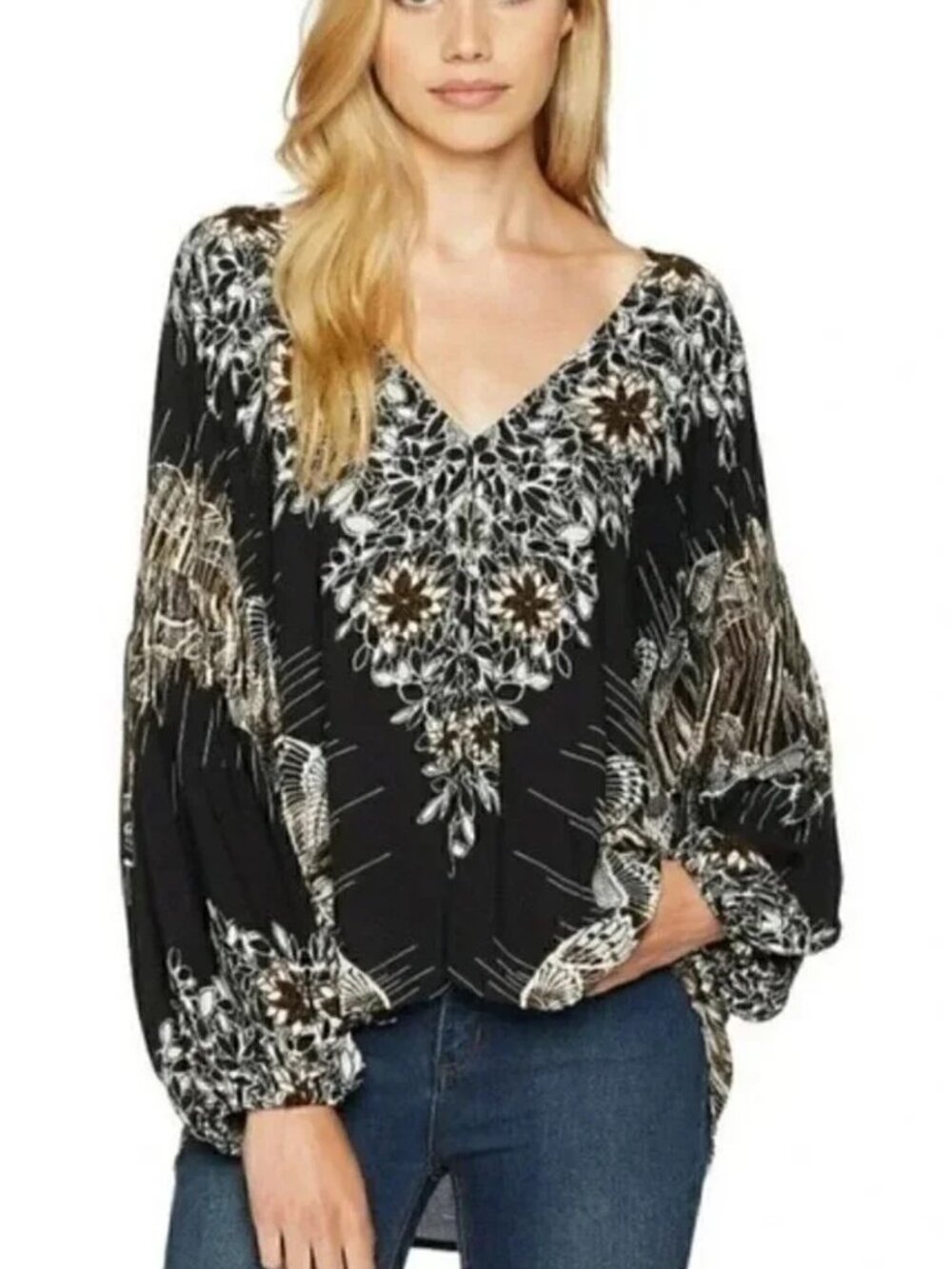 Free People Black Floral V-Neck Blouse